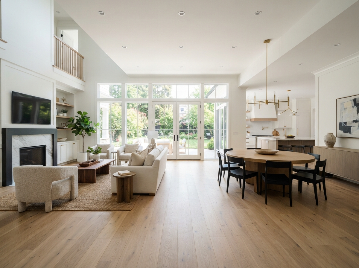 Whole-home white oak hardwood floor across an open living and dining room