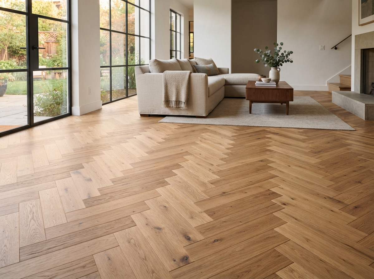 Herringbone pattern white oak hardwood floor with geometric wood grain