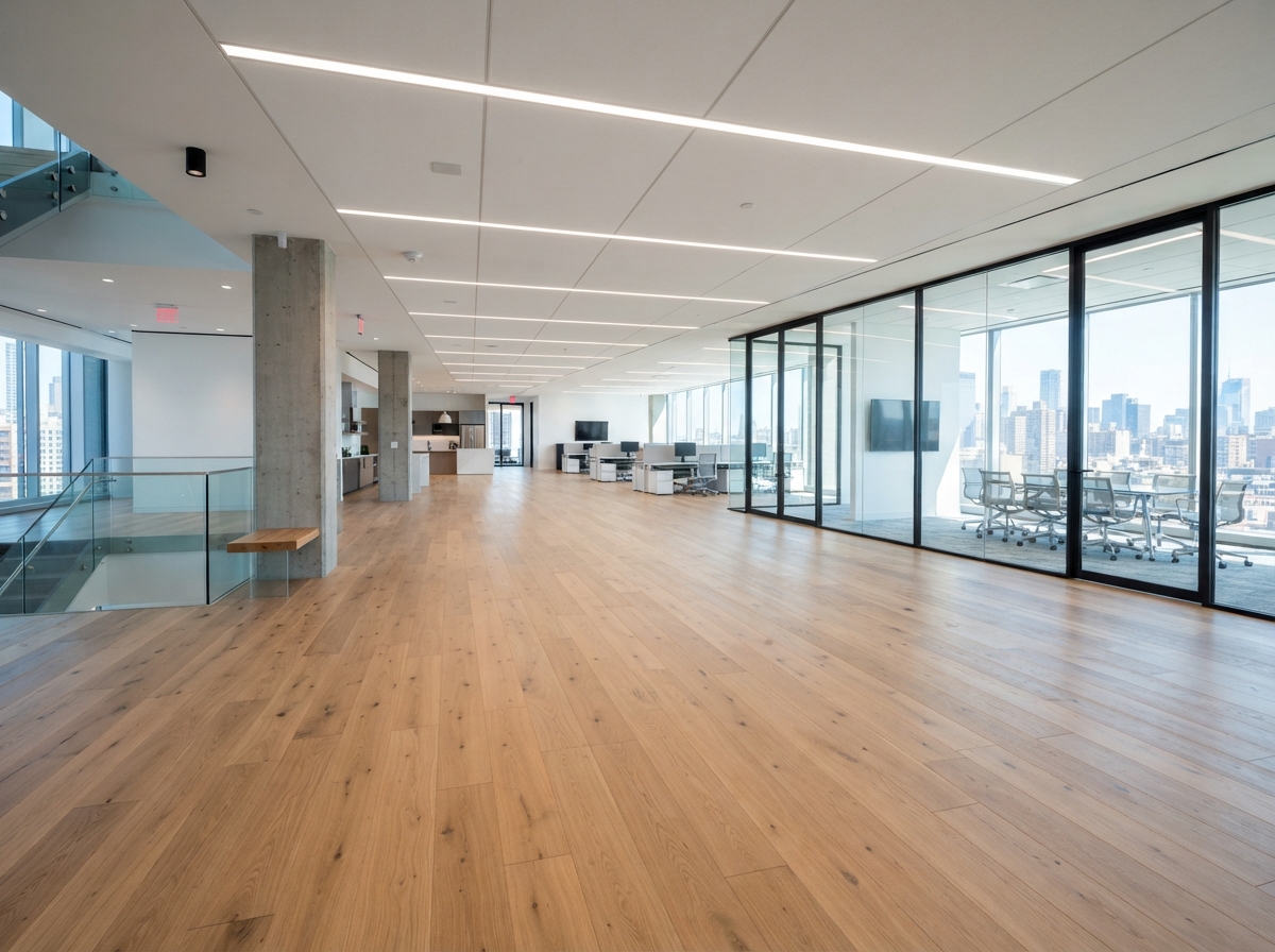 Commercial space with newly installed durable oak hardwood flooring
