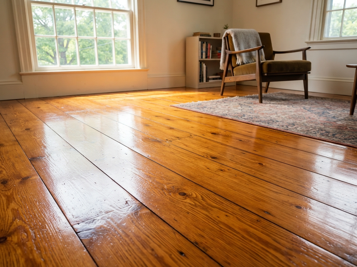 The same floor after sanding and refinishing — warm, solid, restored