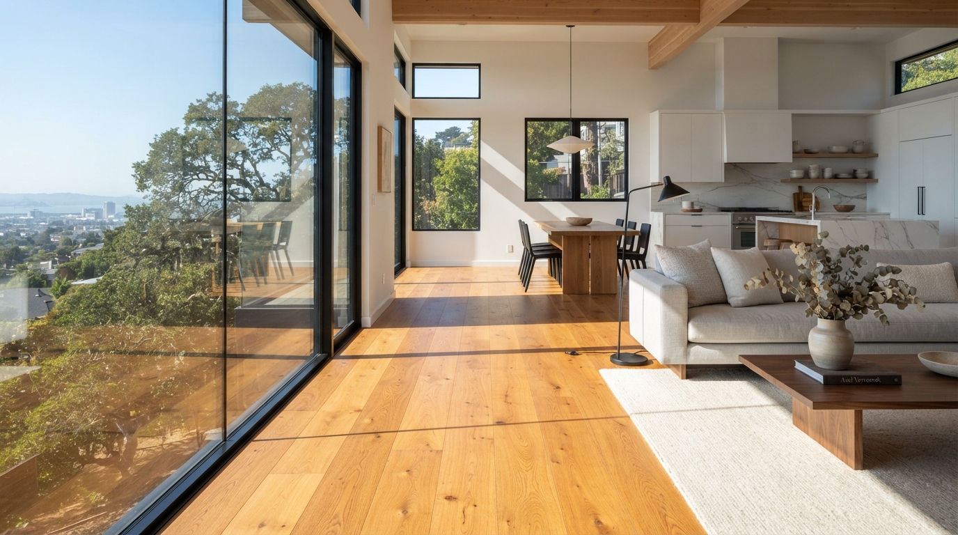 Bright daylight interior of an Oakland home with a newly installed white oak hardwood floor