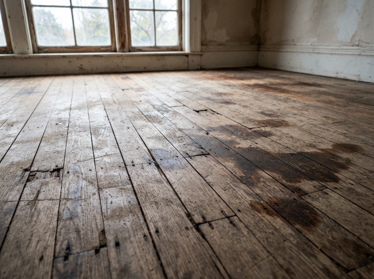 Worn, scratched, water-stained original hardwood floor before refinishing