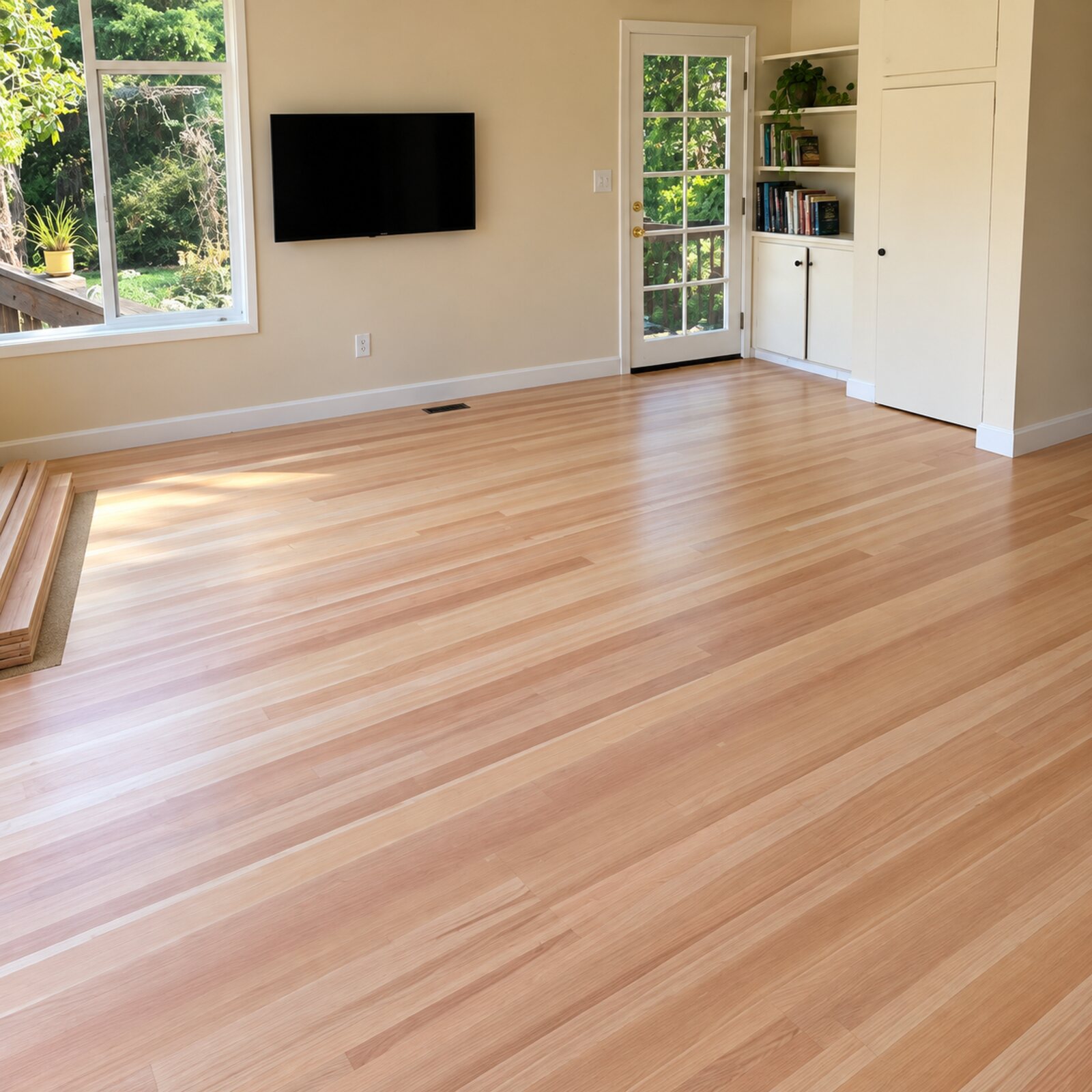 Natural wood flooring in a living room with garden doors