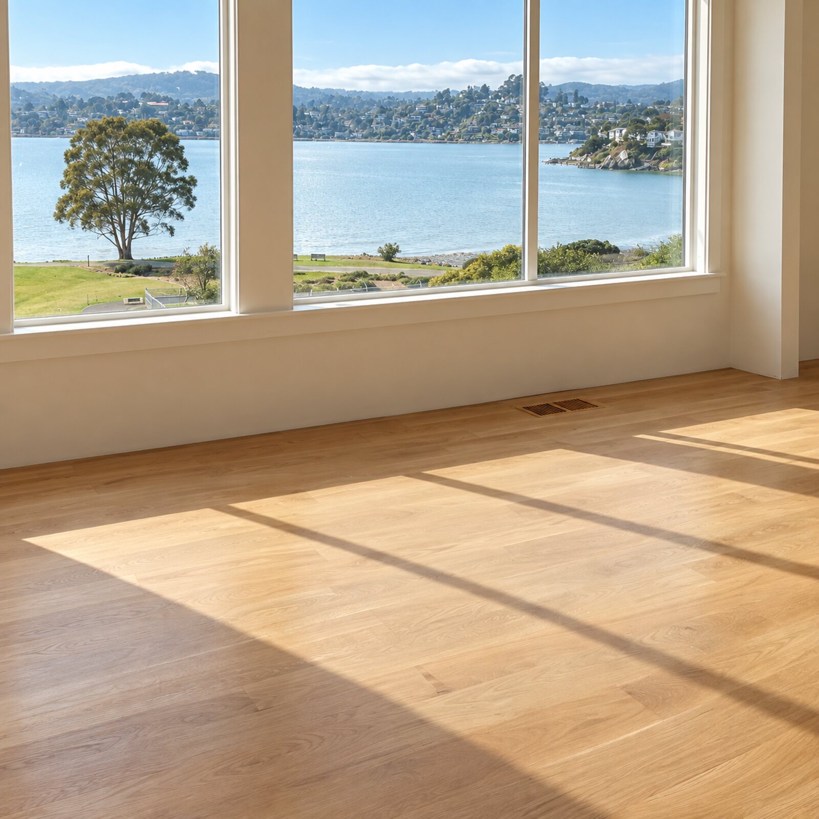 Light oak flooring in a room with a wide window over the water
