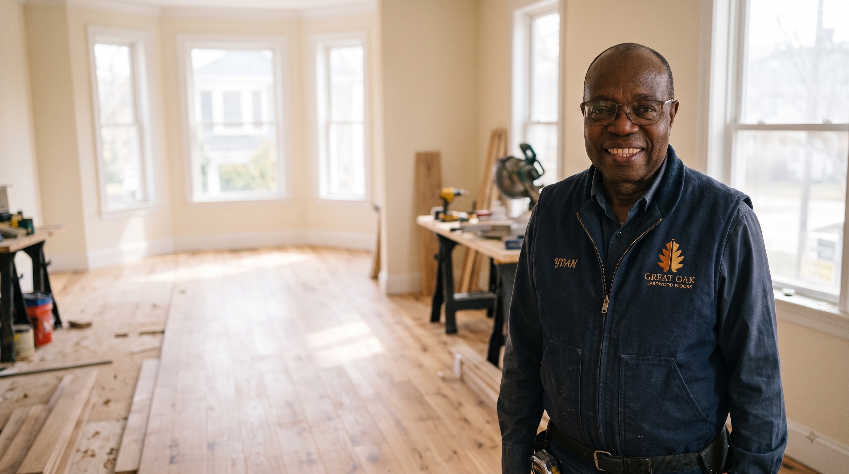 Yvan Igbinedion, owner of The Great Oak Hardwood Floors, on a hardwood job site in Oakland