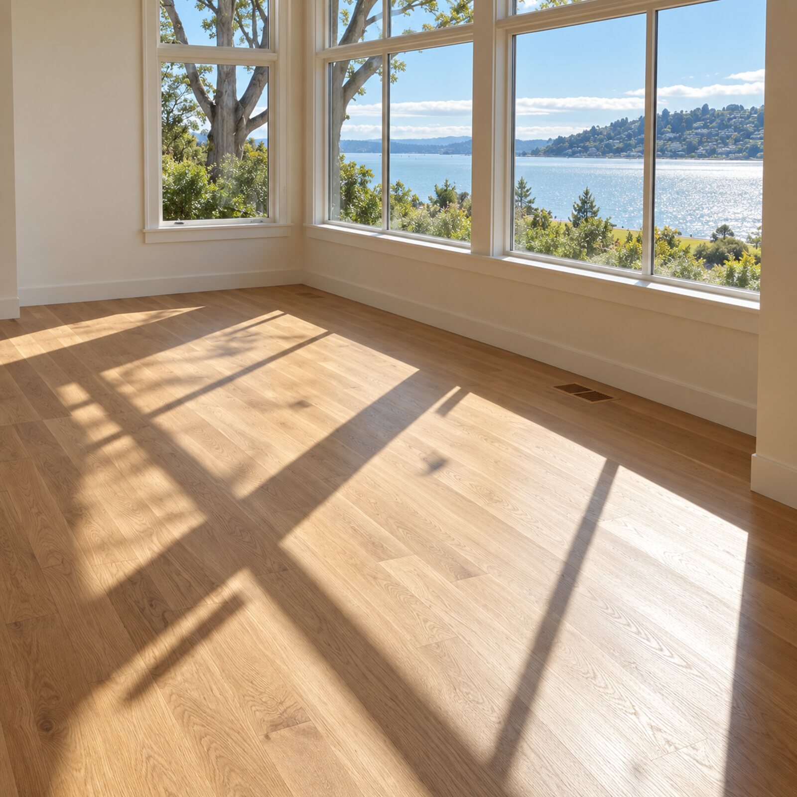 Oak flooring in a waterfront room with strong afternoon light