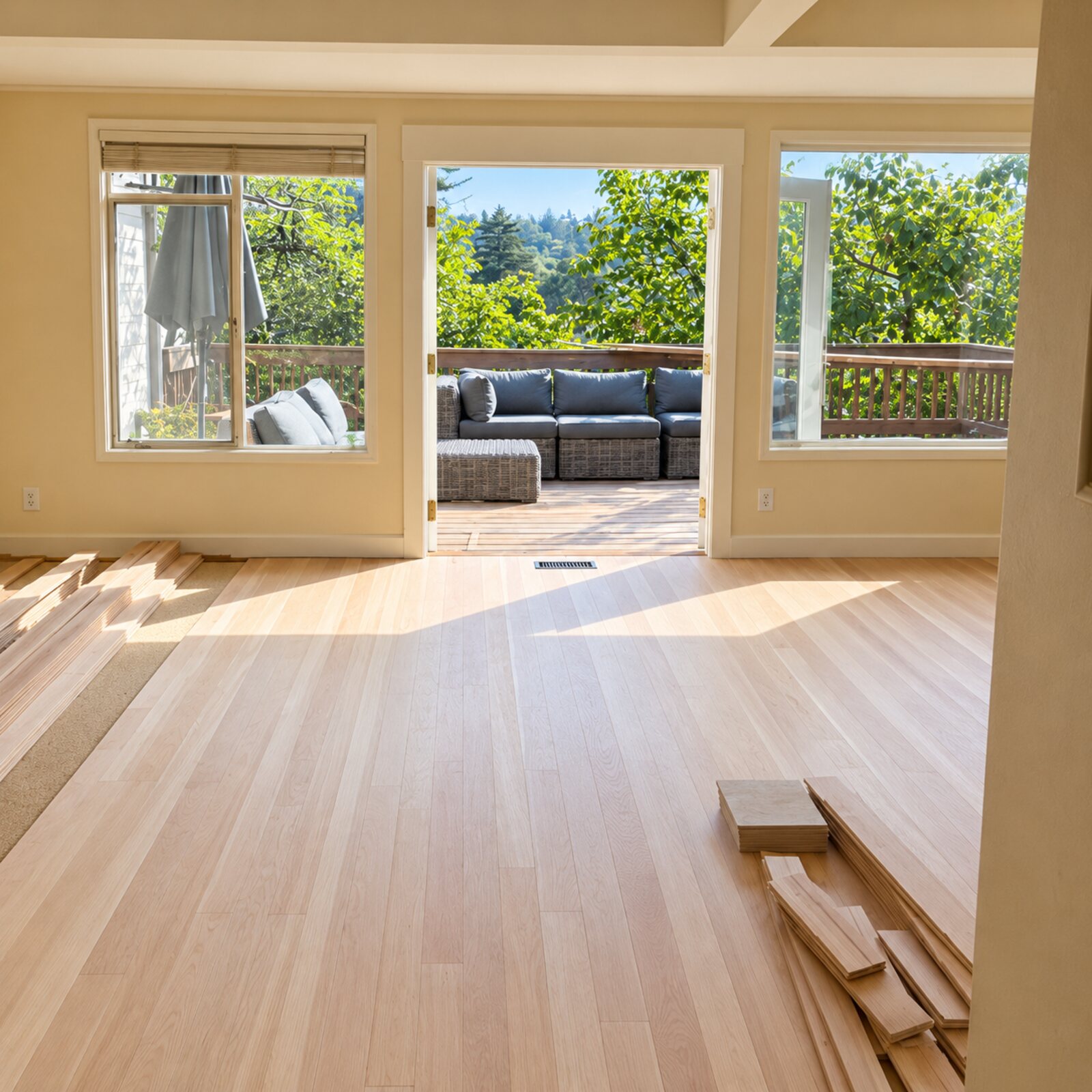 Light oak plank flooring part-way through installation, fresh boards stacked