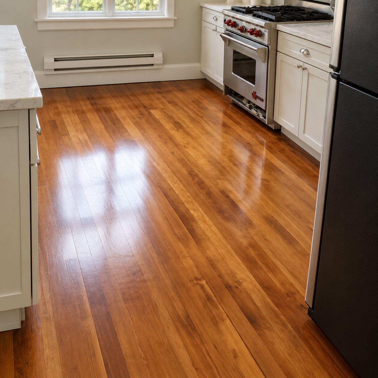 Refinished hardwood floor in a kitchen with a freestanding range