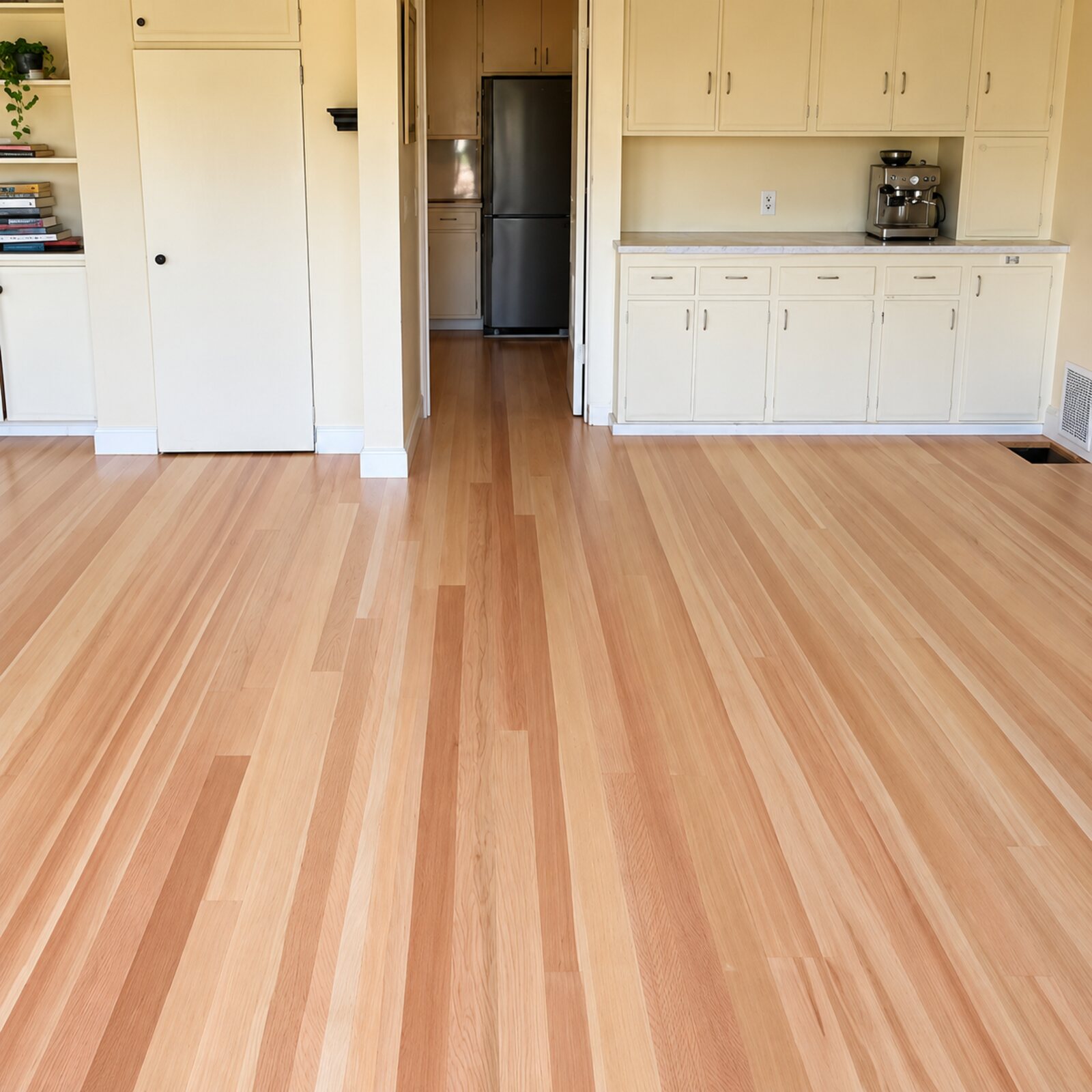 Natural wood flooring through a kitchen with pale cabinetry