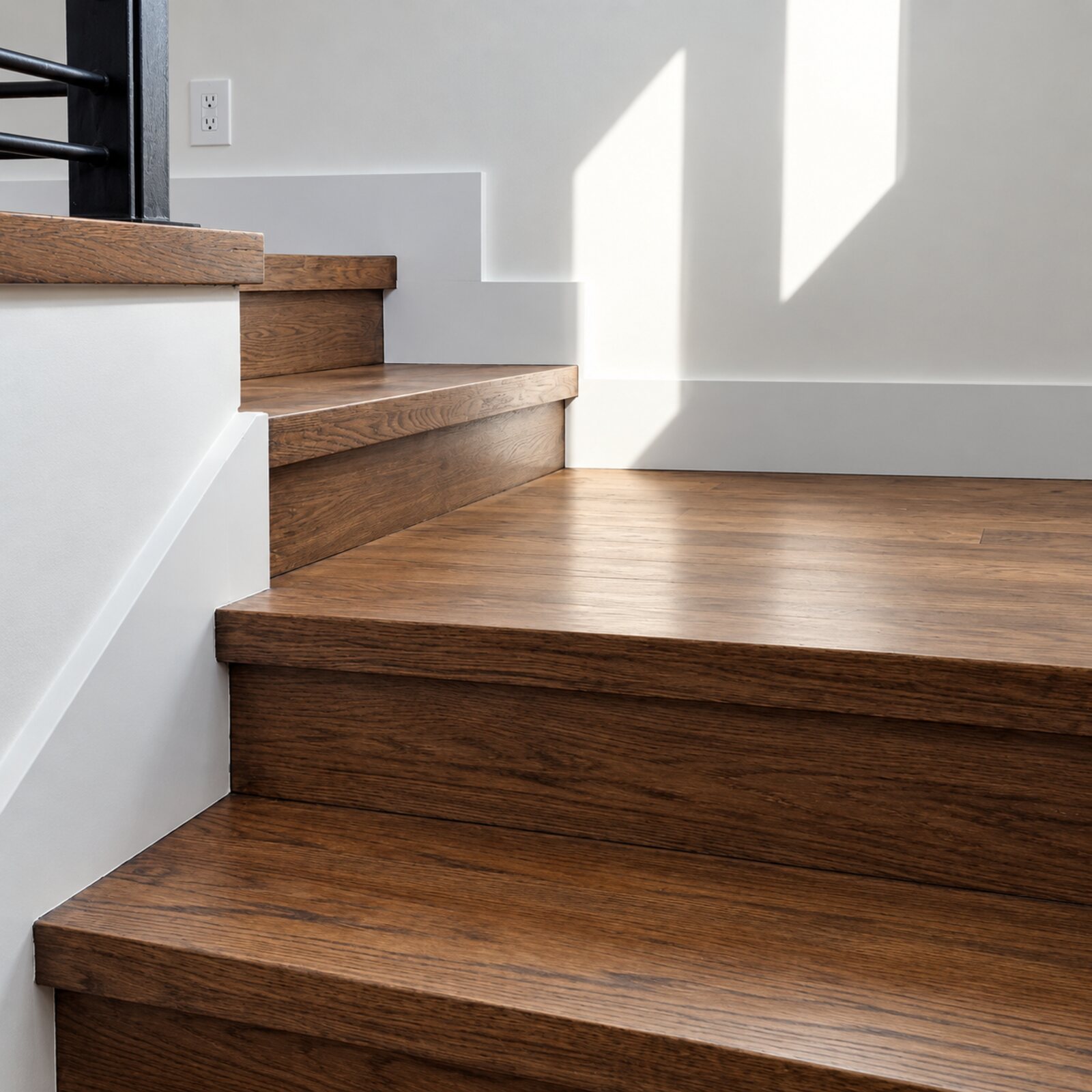 Dark-stained oak stair treads and risers newly installed
