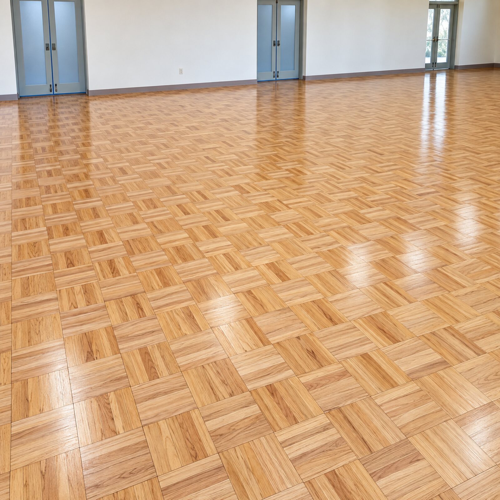 Refinished oak parquet floor in a basketweave pattern