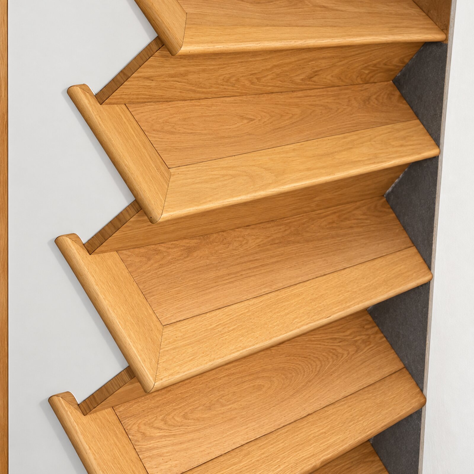 Oak winder stair treads with mitred returns during installation