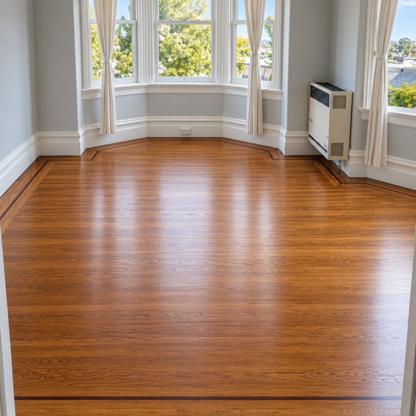 Refinished hardwood floor with a dark inlaid border in a bay-windowed room