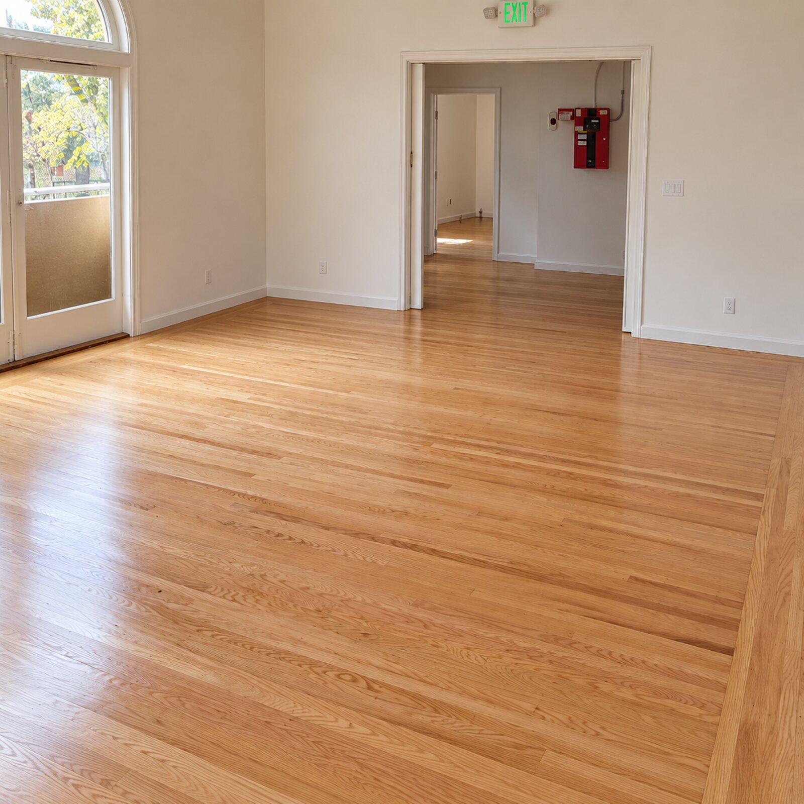 Refinished hardwood floor running through a large open room
