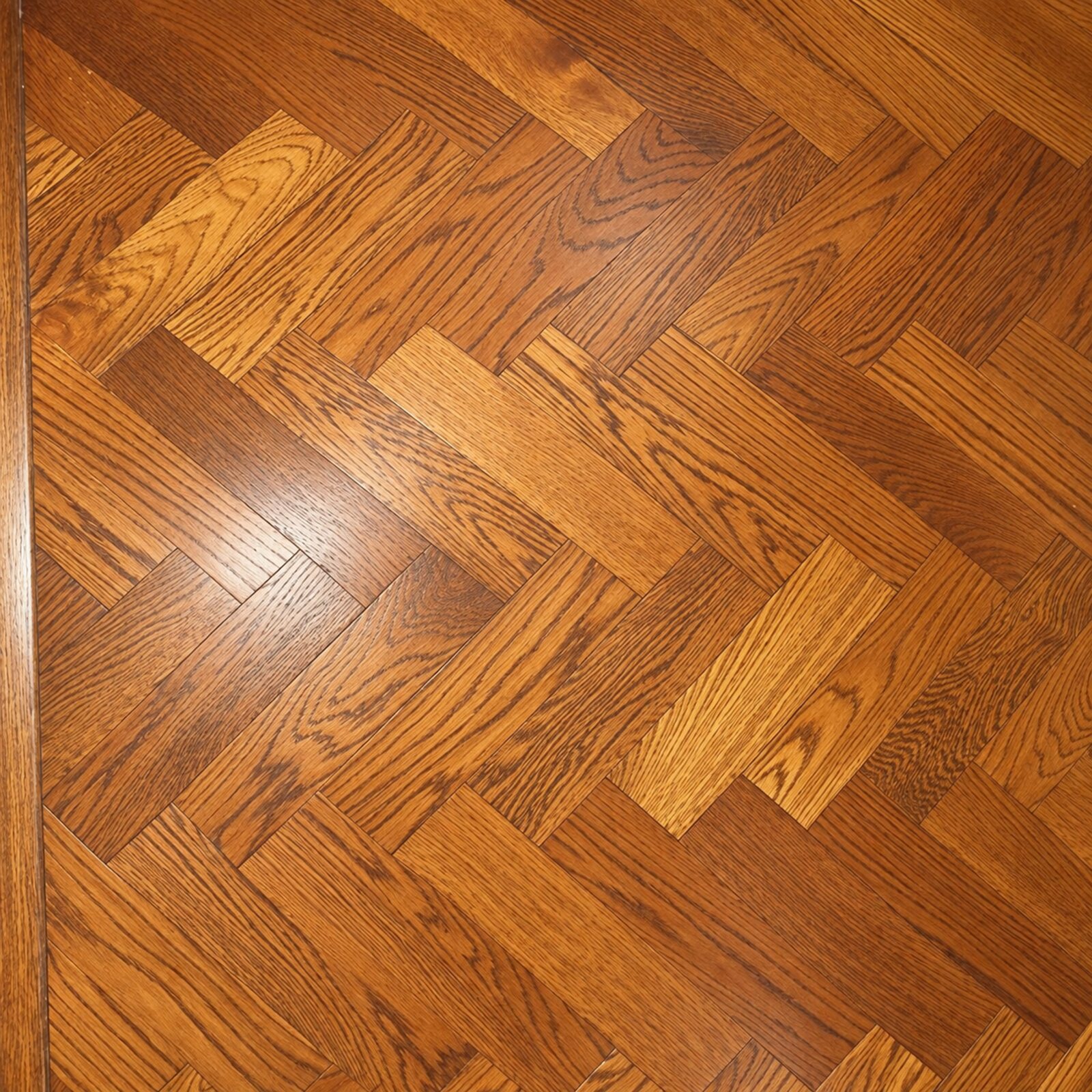 Decorative hardwood border repaired at a mitred corner in sunlight