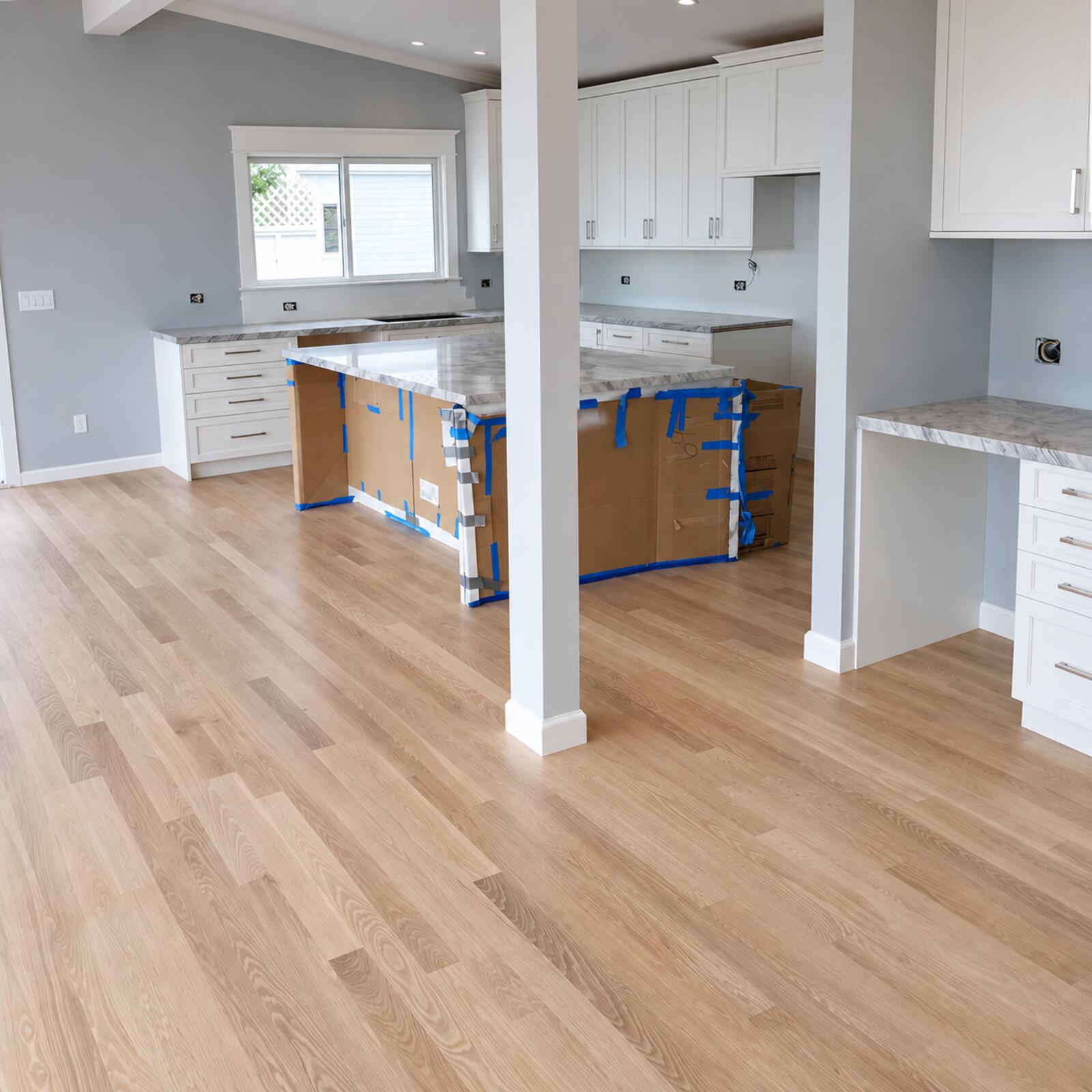 Light oak plank flooring through an open kitchen with an island