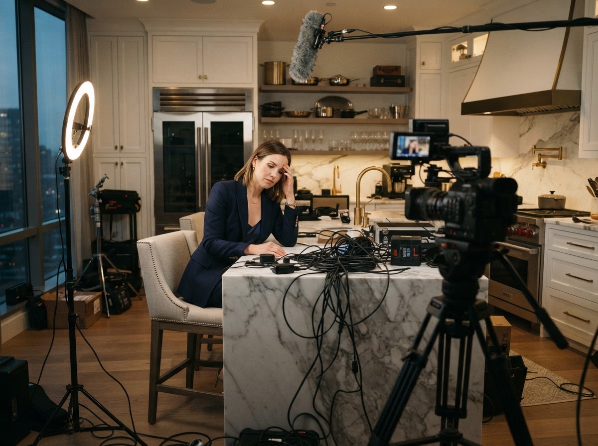 A tired but well-groomed female realtor in a luxury home kitchen surrounded by chaotic recording equipment, tripods, ring lights, and tangled cables