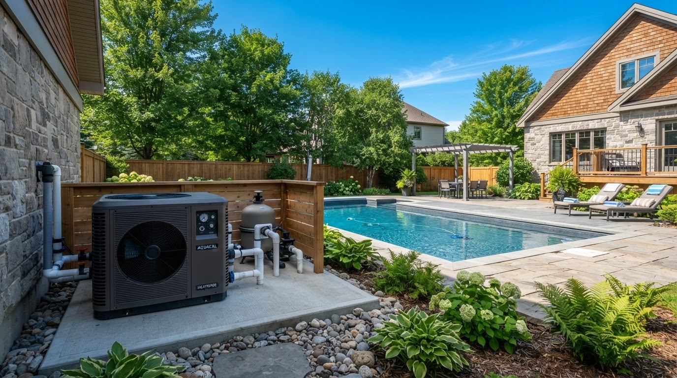 Thermopompe de piscine installée à l'extérieur, Québec
