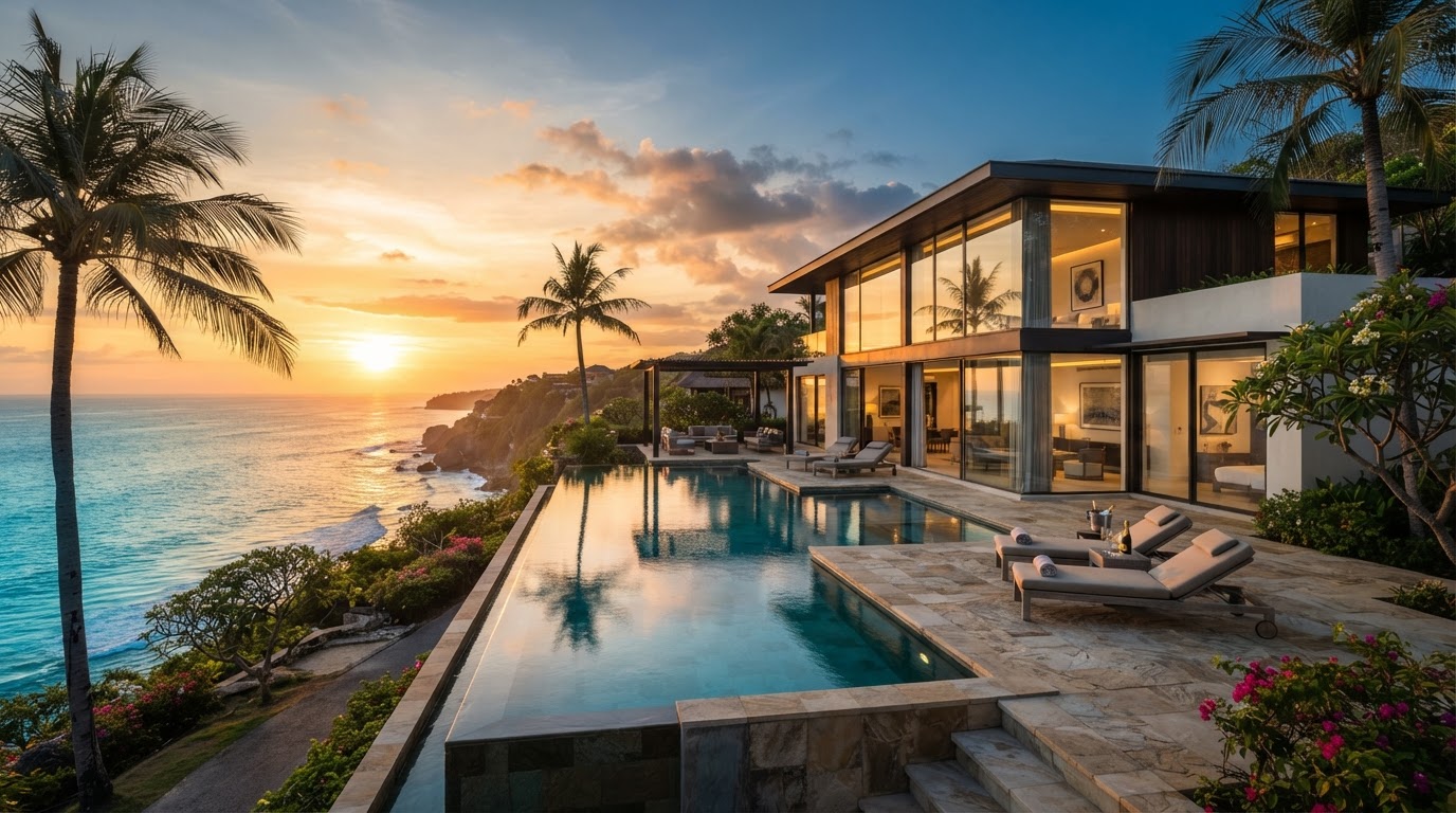Luxury coastal villa with infinity pool overlooking the ocean at golden hour