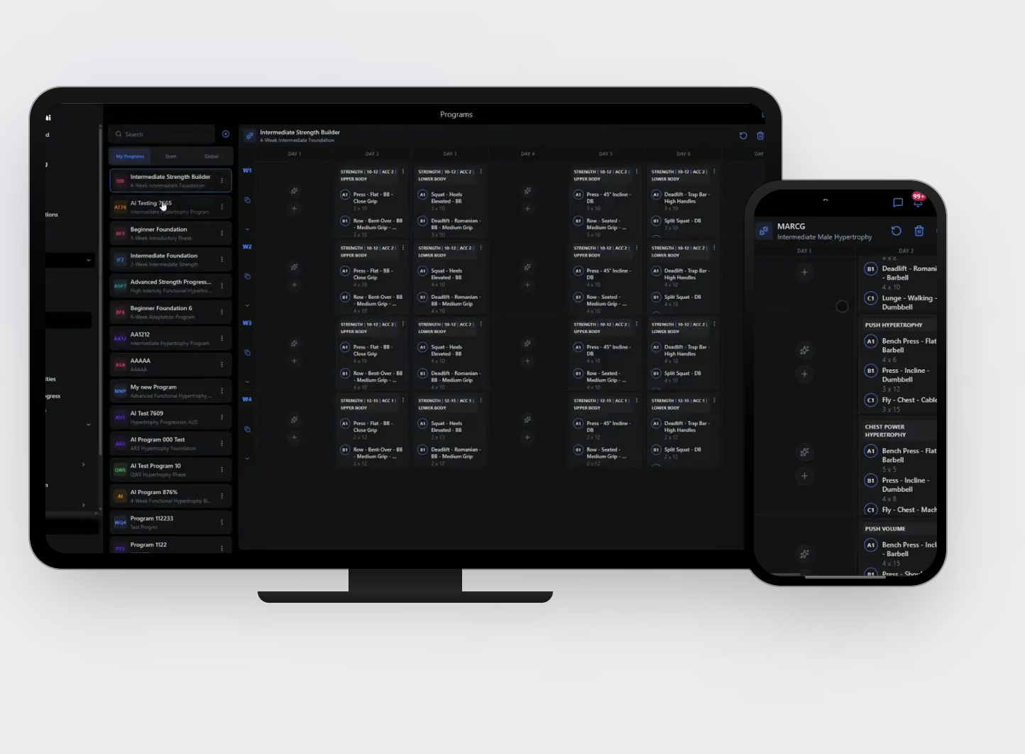 Zavala Elite training app on desktop and mobile showing a programmed strength and hypertrophy block adapted to gym equipment and recovery