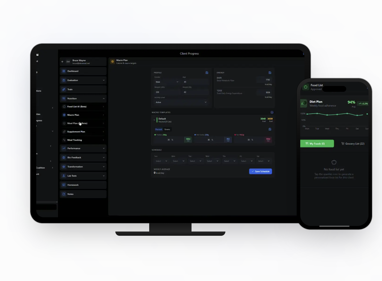 Zavala Elite nutrition dashboard with a custom macro plan, meal plan, and grocery list, plus mobile food tracking app