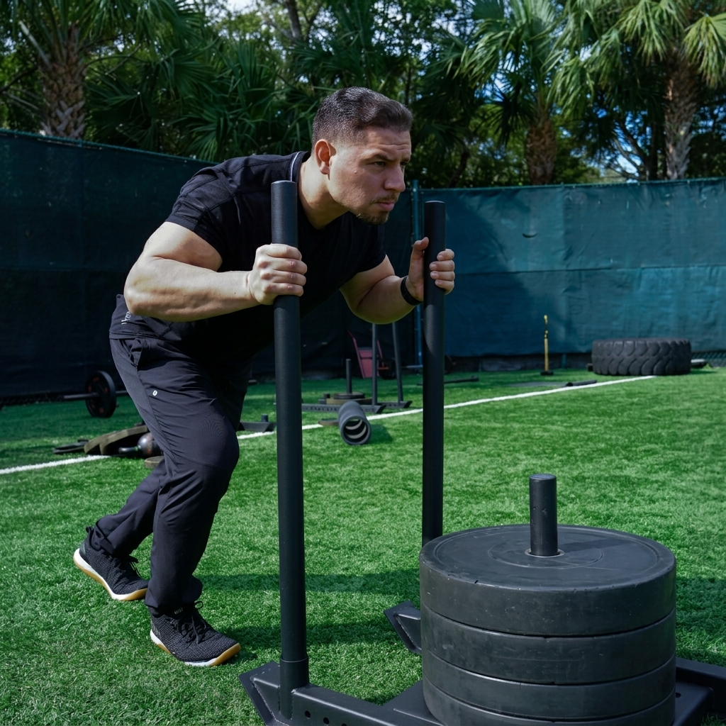 Bobby Zavala executing heavy sled conditioning outdoors