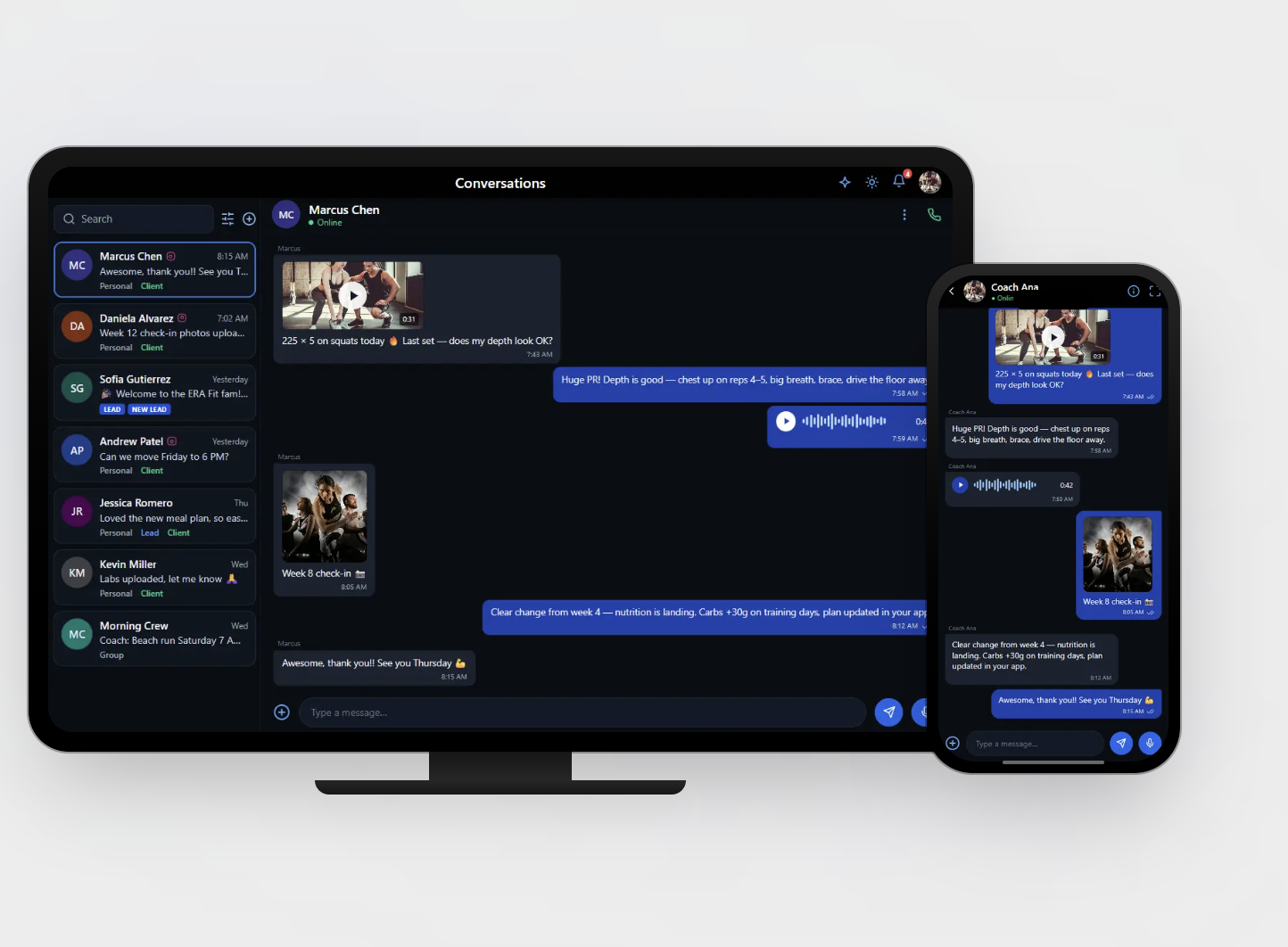 Zavala Elite coach messaging thread with form-check videos, voice notes, and progress photos