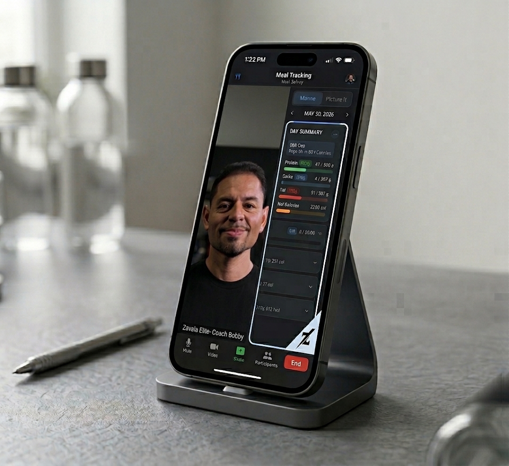 Coach Bobby 1-on-1 video coaching session and meal tracking on iPhone desk stand
