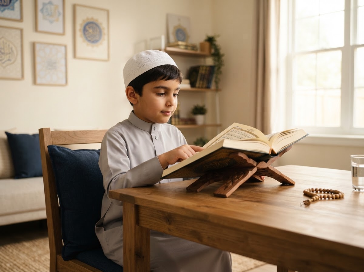 A child reading from the Quran at home