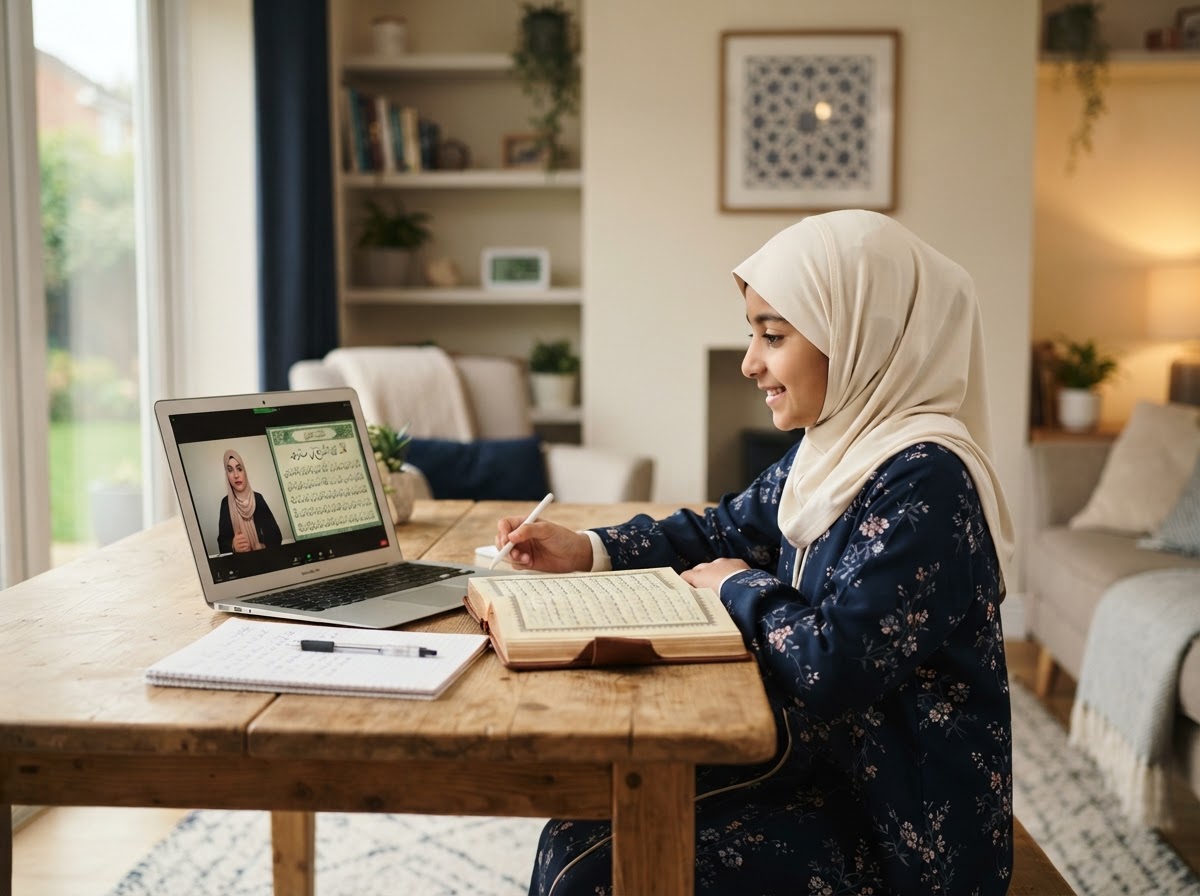 A young Muslim child learning the Quran online at home with The Quran Campus Academy