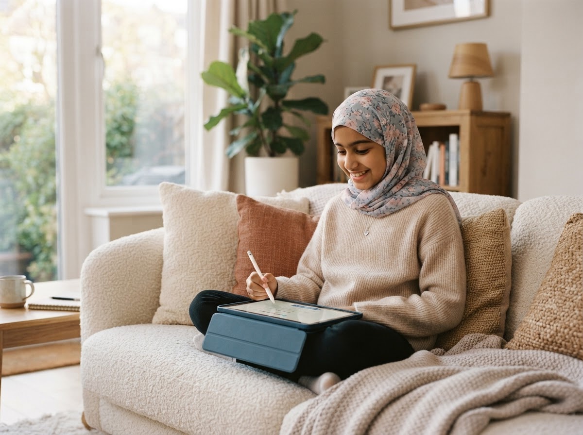 A child joining an online Quran lesson comfortably from home