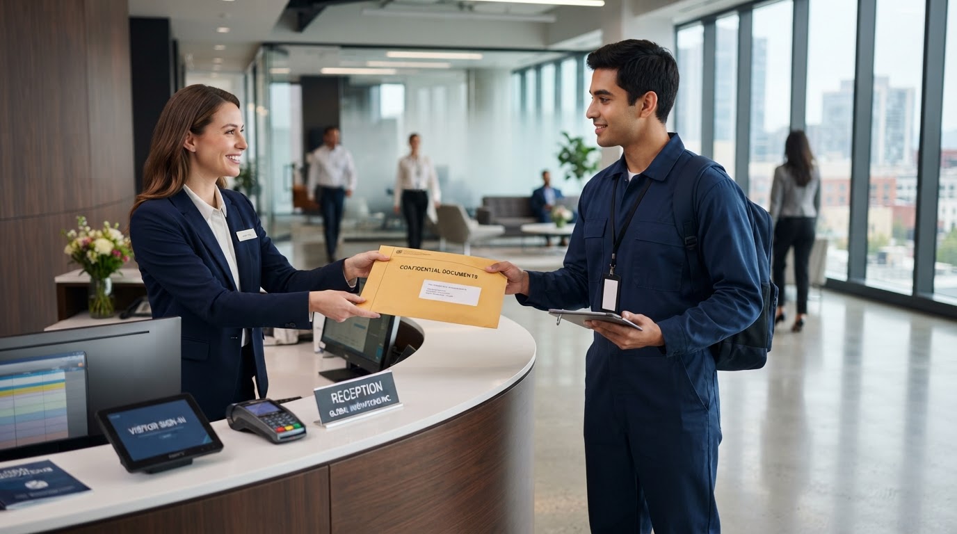 Courier in a plain dark blue uniform picking up a sealed envelope at a corporate office front desk