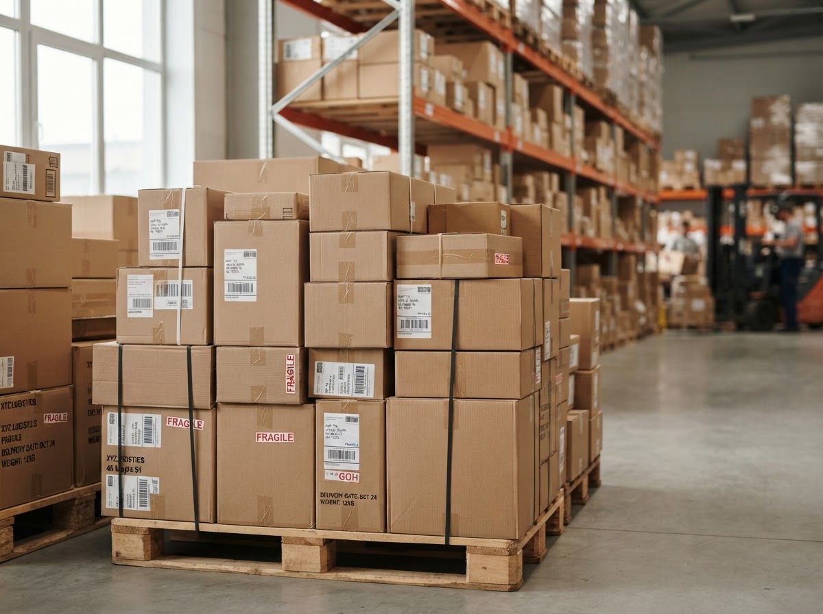 Neatly stacked brown cardboard shipping boxes and packages of various sizes