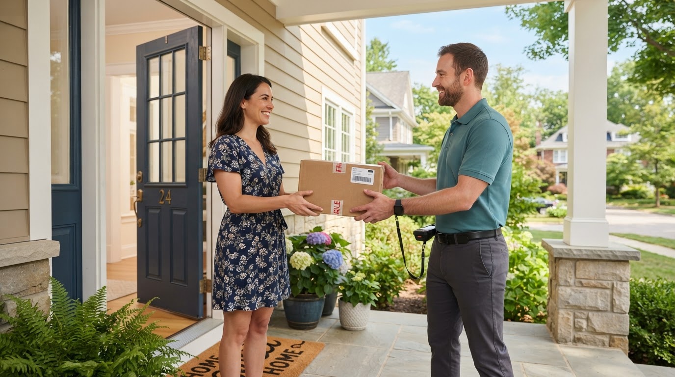 Courier in a plain uniform handing a package to a smiling homeowner at her front door