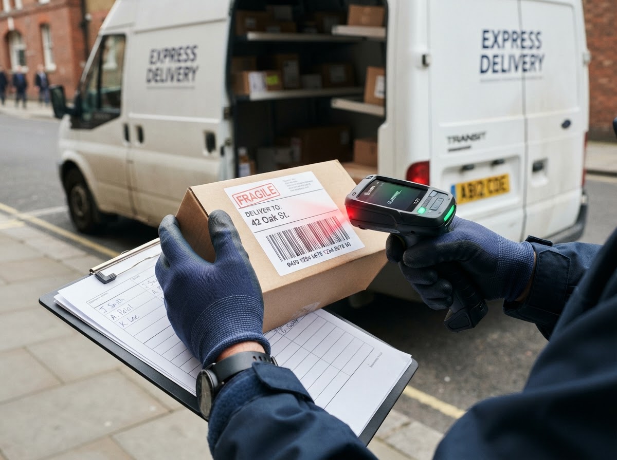 Courier scanning a package barcode with a handheld scanner