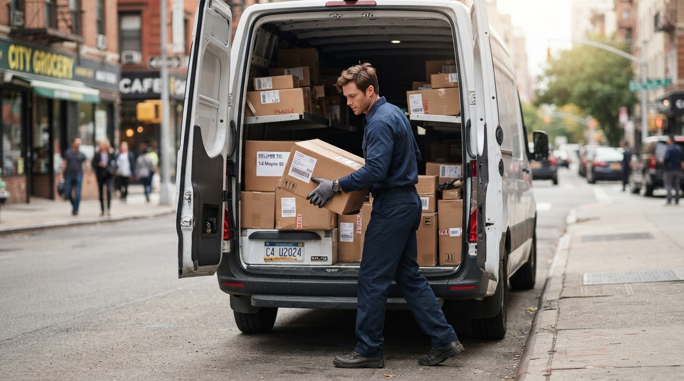 Courier in a plain navy uniform loading packages into the back of a white delivery van
