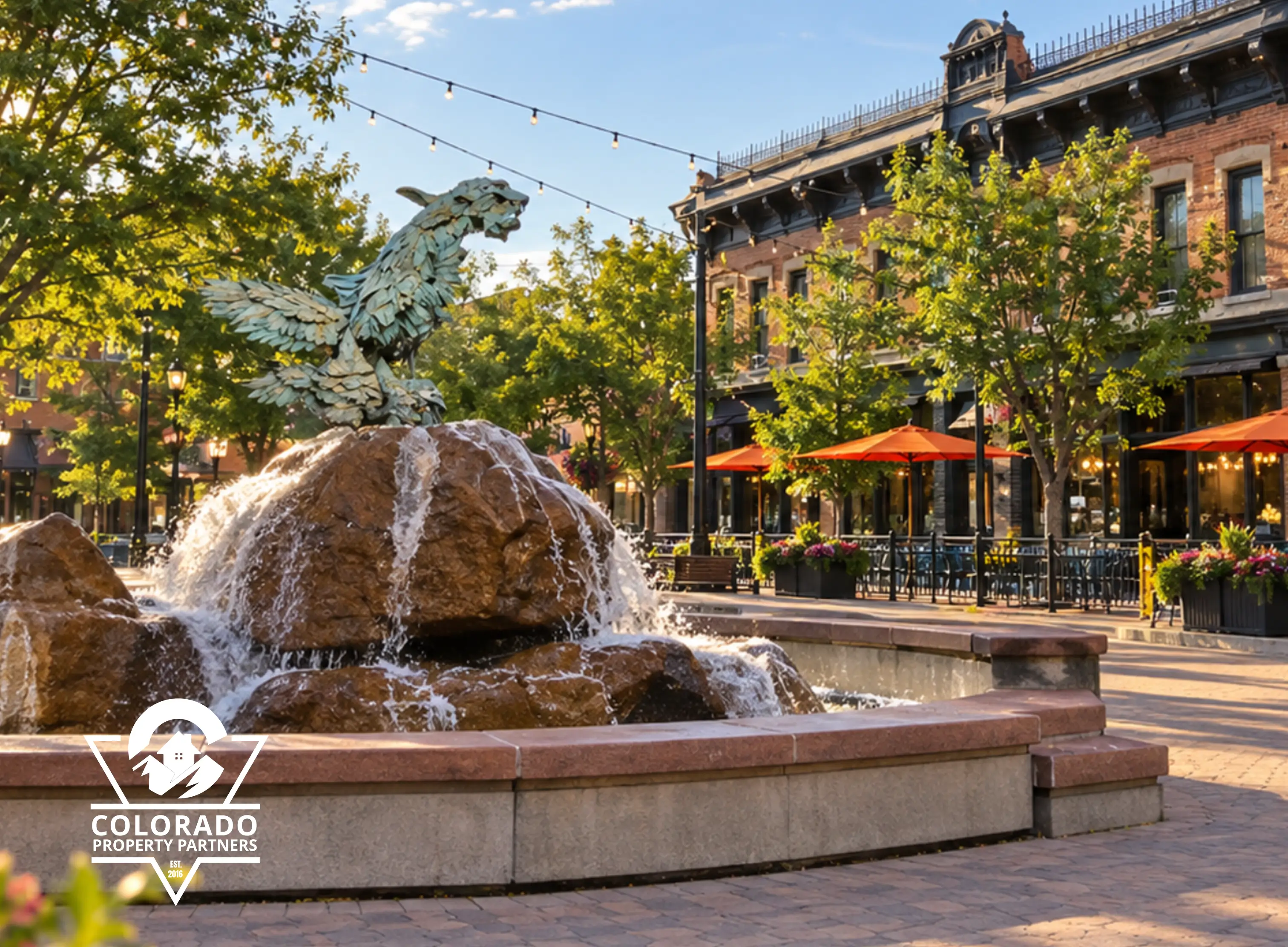 Old Town Fort Collins landmark fountain with Colorado Property Partners logo