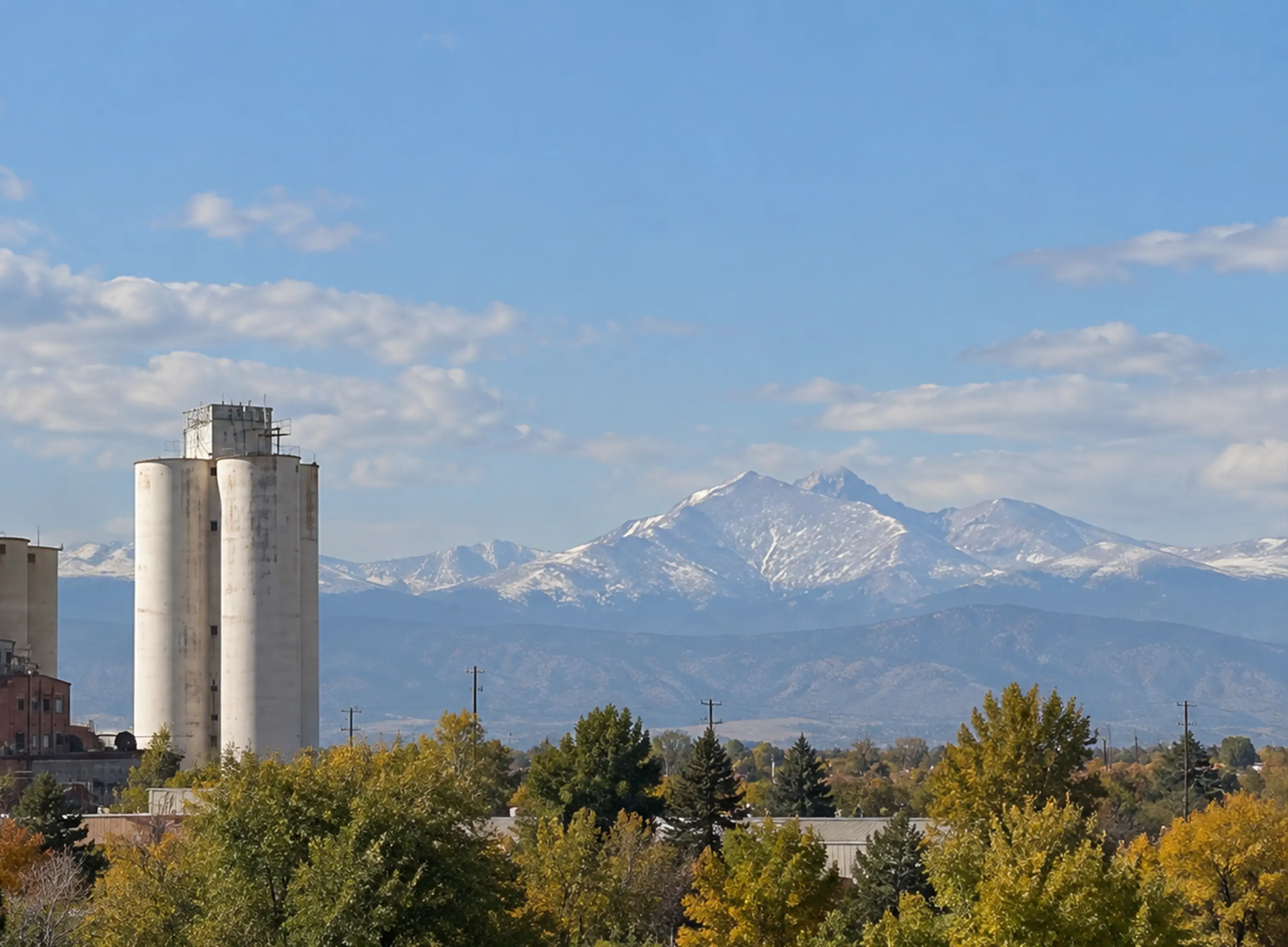 Longmont Colorado historic silos and Longs Peak mountain view