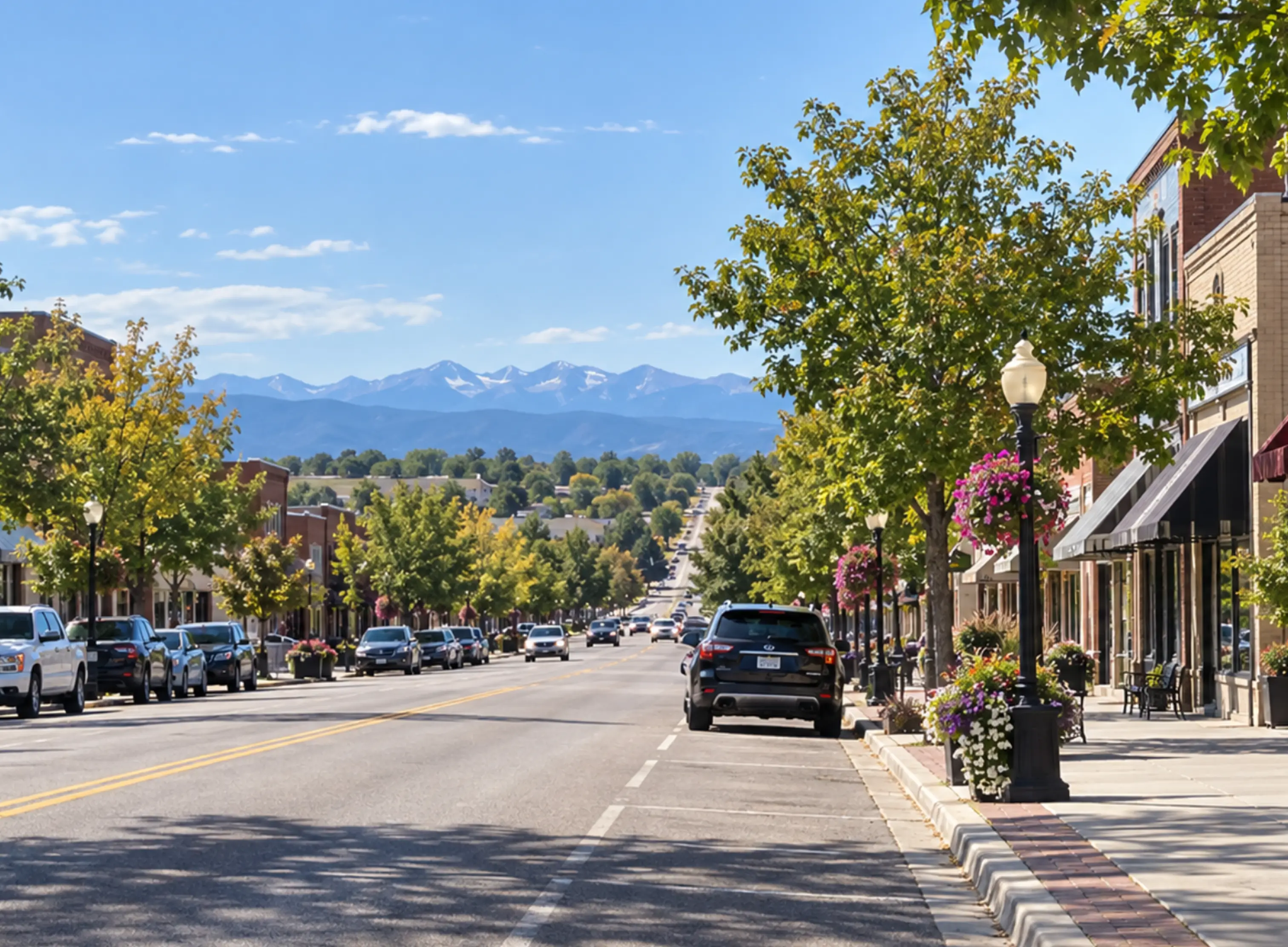 Downtown Windsor Colorado Main Street with Front Range mountain view
