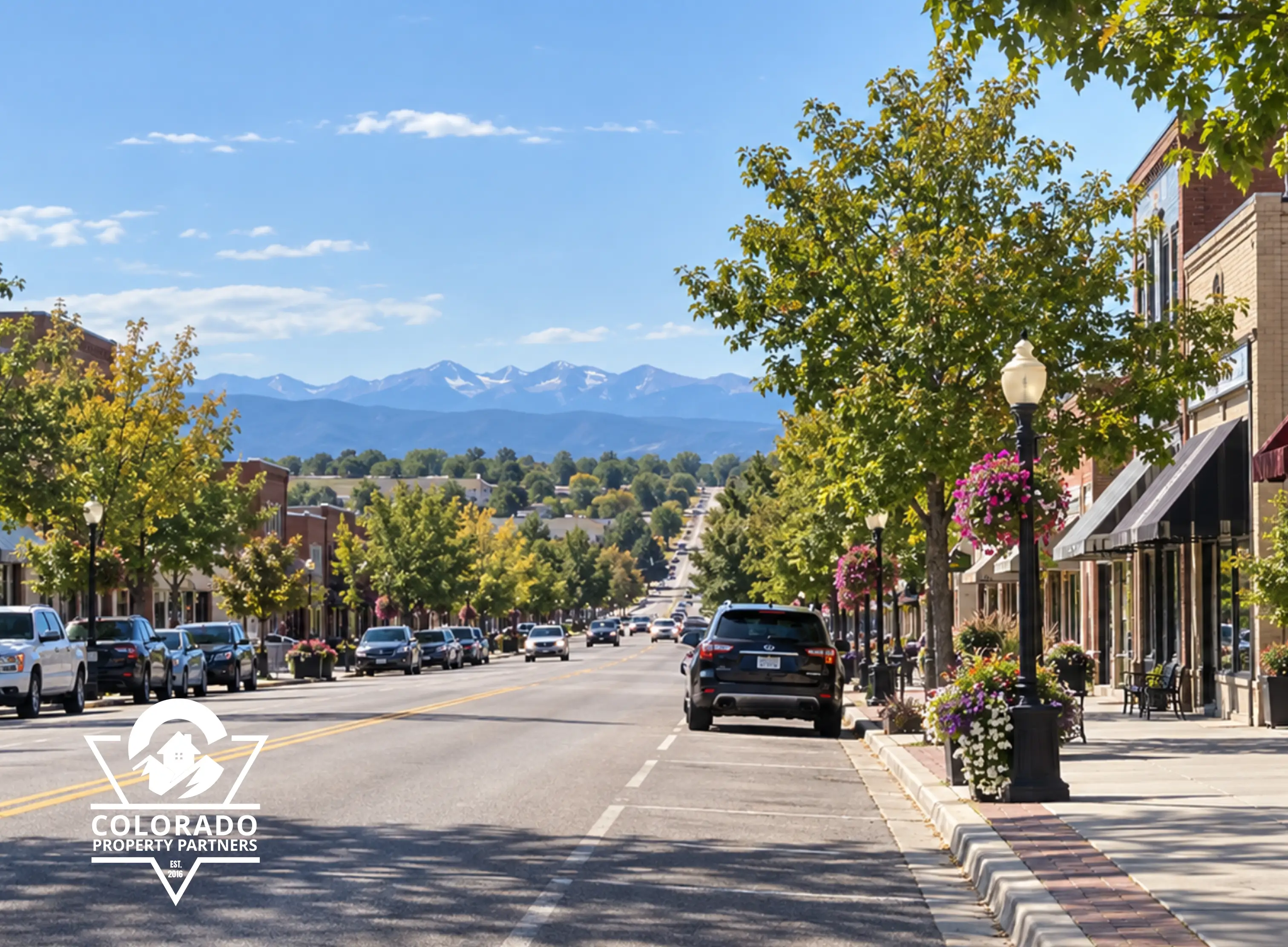 Downtown Windsor Colorado Main Street with Front Range mountains and Colorado Property Partners logo