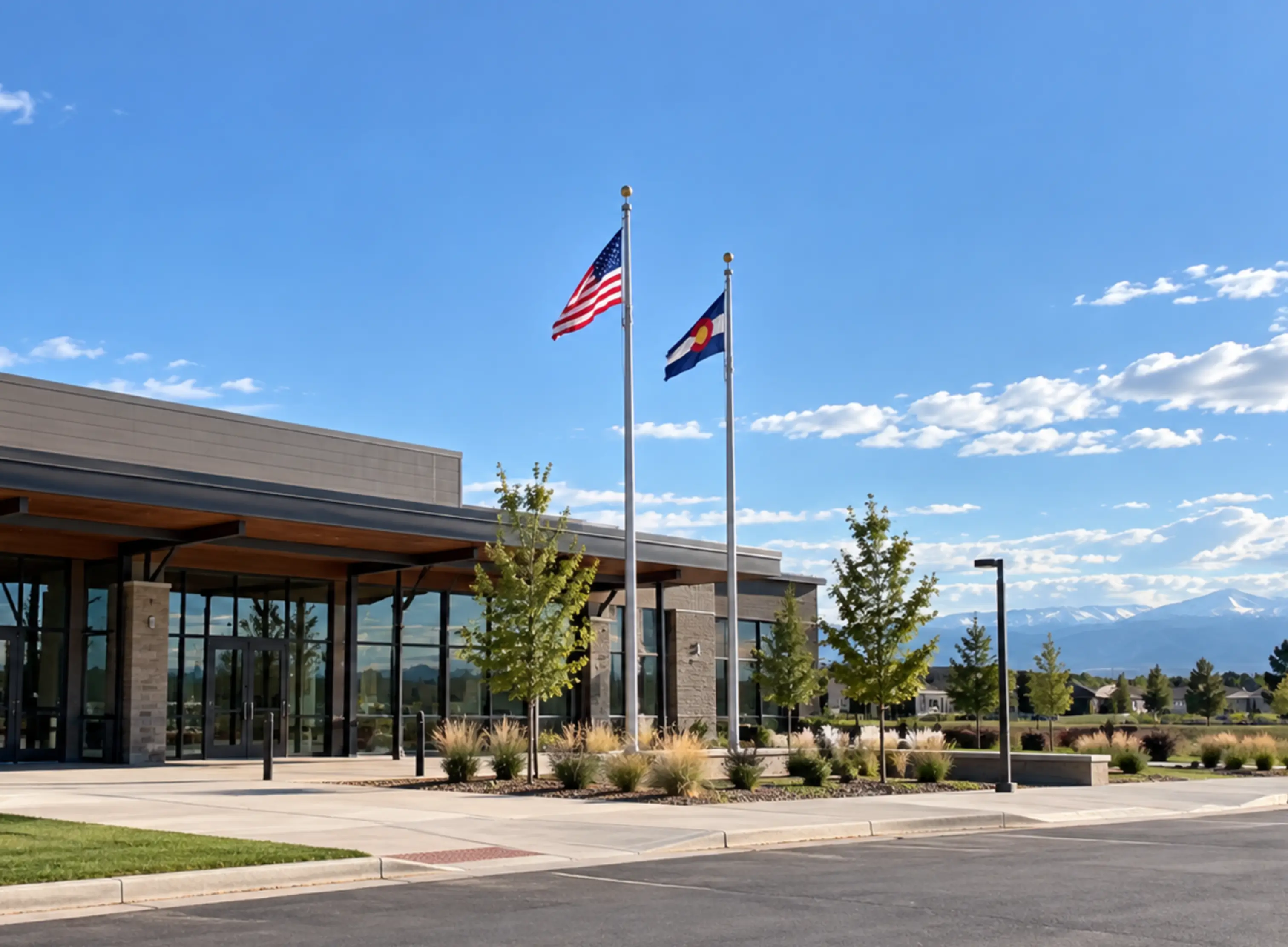 Evans Colorado community building and scenic Front Range horizon