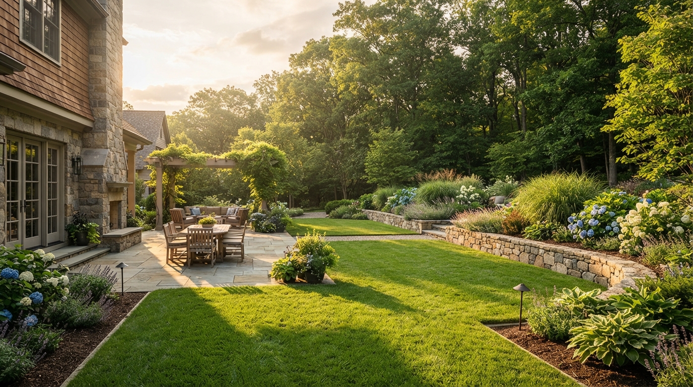 Prestige landscaped backyard with patio and plantings at golden hour, South River NJ