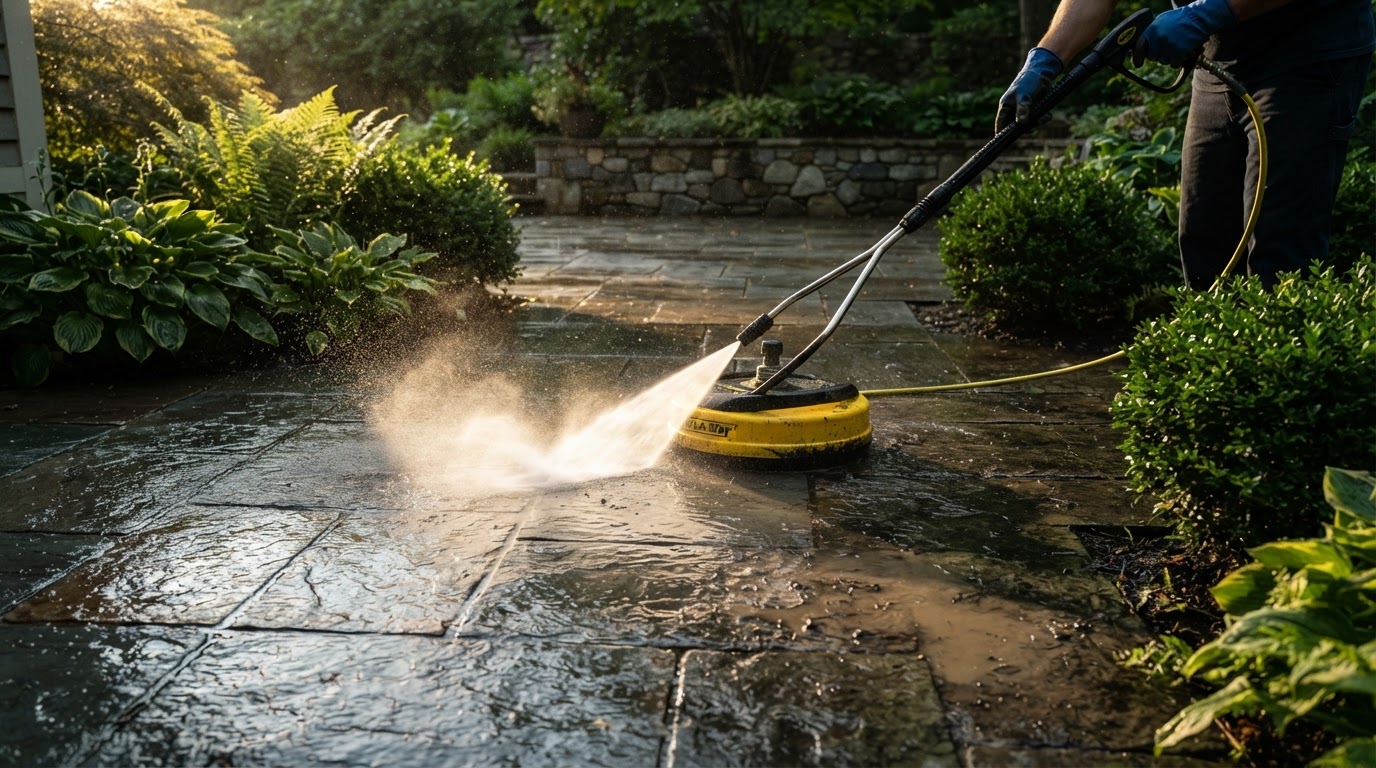 Power washing a bluestone patio with clean water spray in South River, NJ