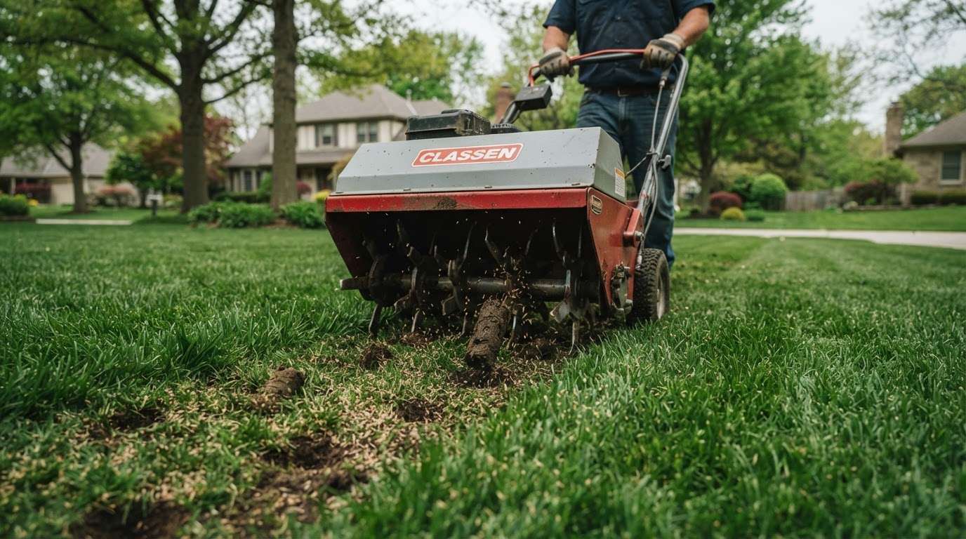 Lawn aeration machine pulling soil plugs with overseeding in South River, NJ