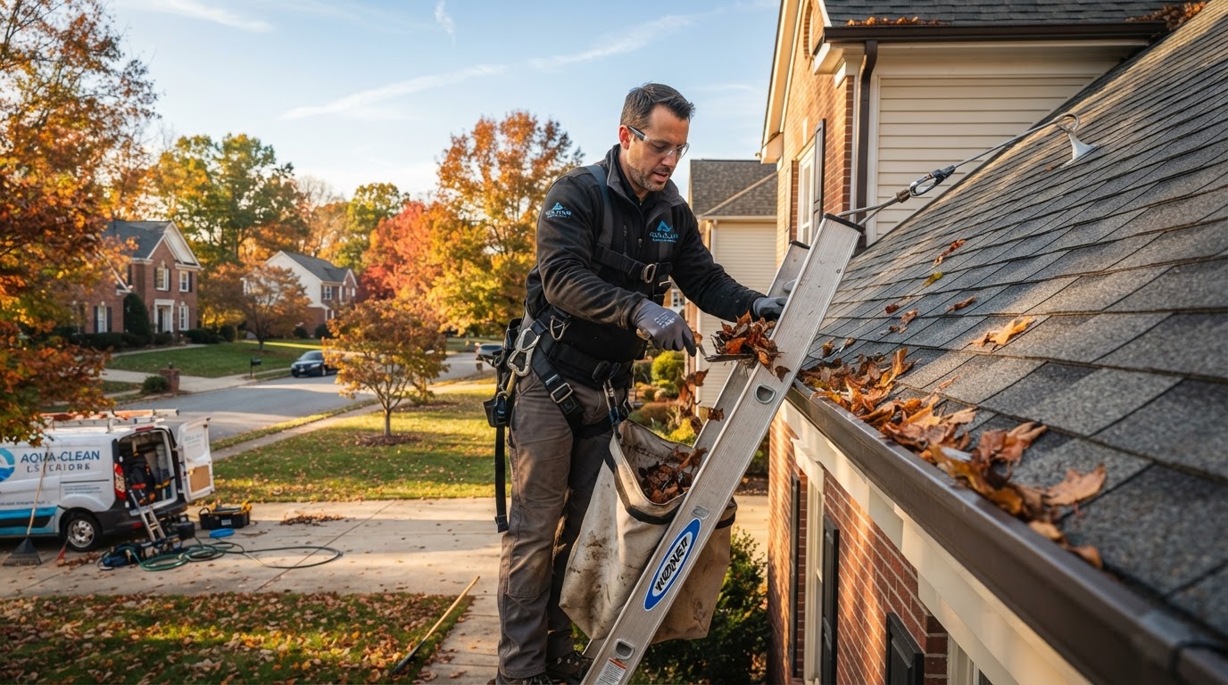 Professional cleaning leaves from a residential gutter on a ladder in South River, NJ