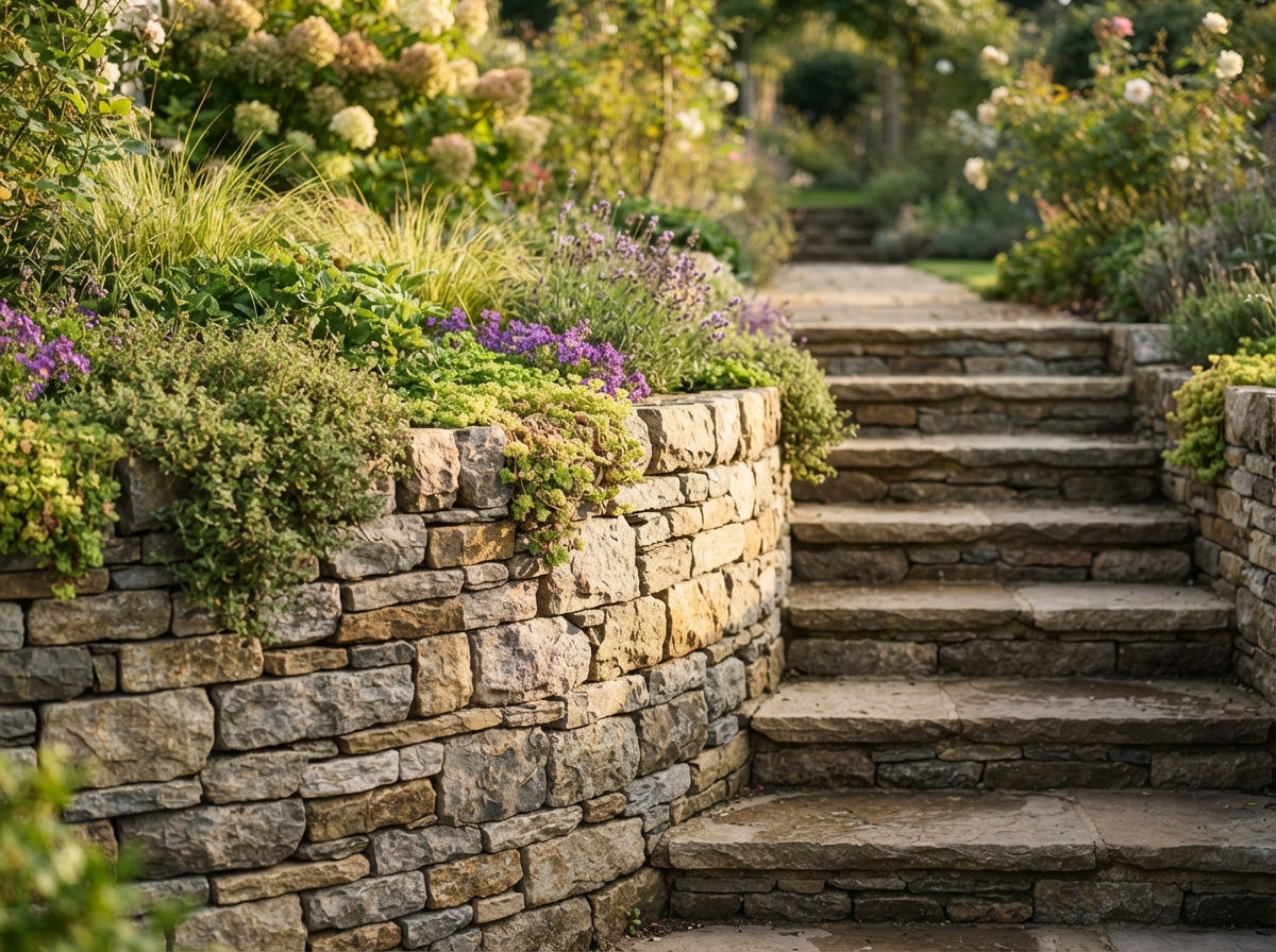 Natural stone retaining wall with integrated steps, South River NJ