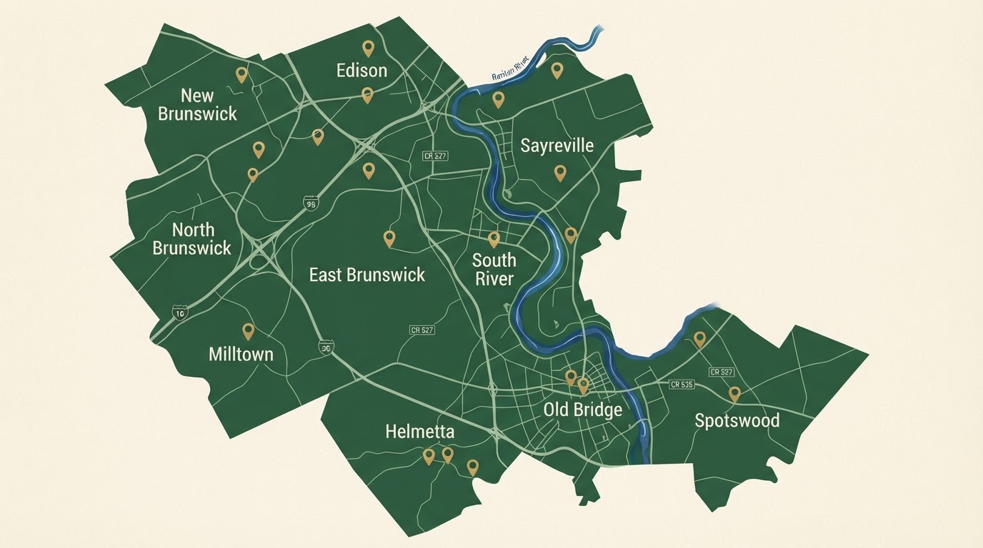 Map of Carr & Son Landscaping service area covering South River and Middlesex County, NJ
