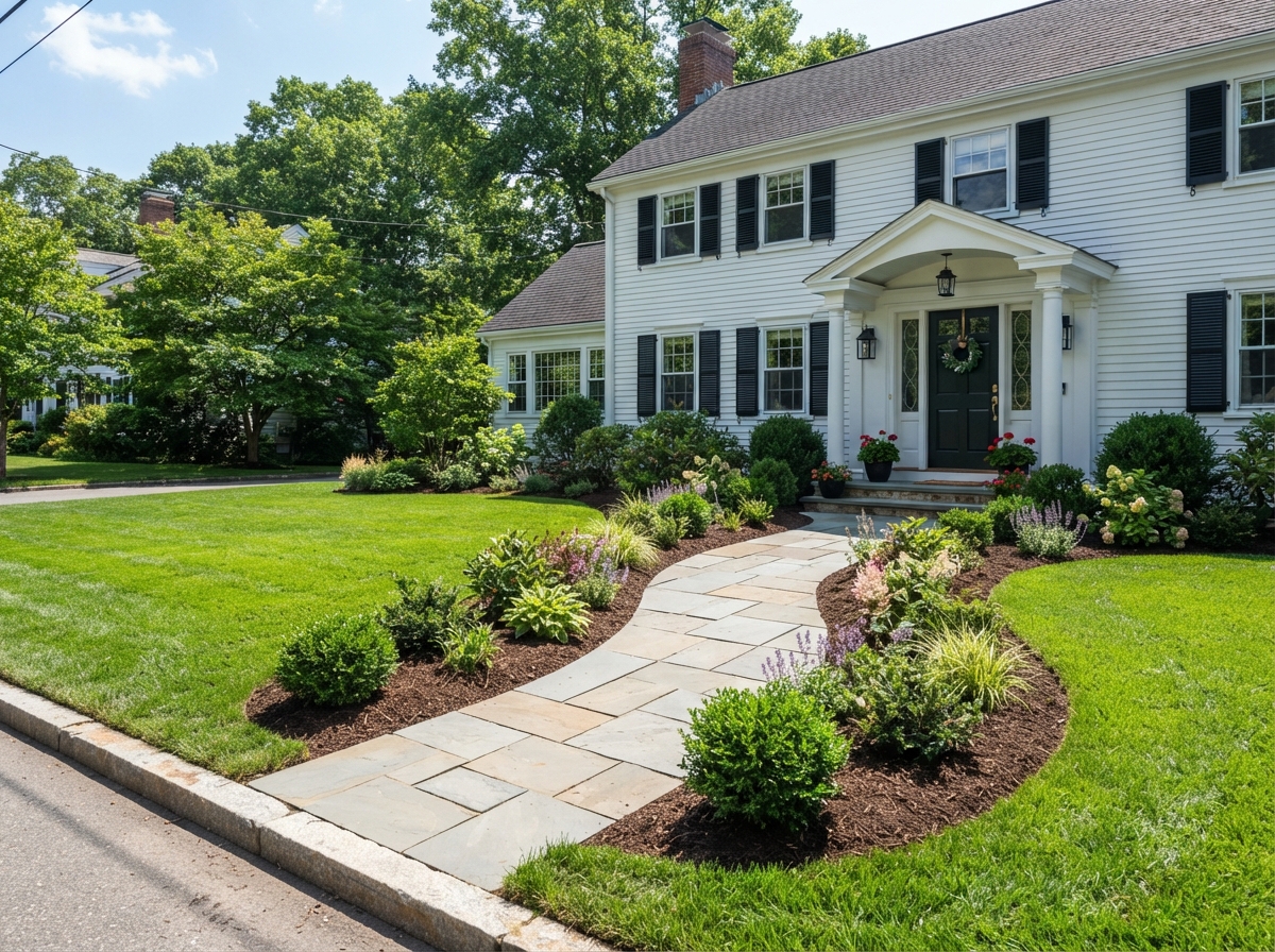 Freshly landscaped front yard with sod and stone walkway