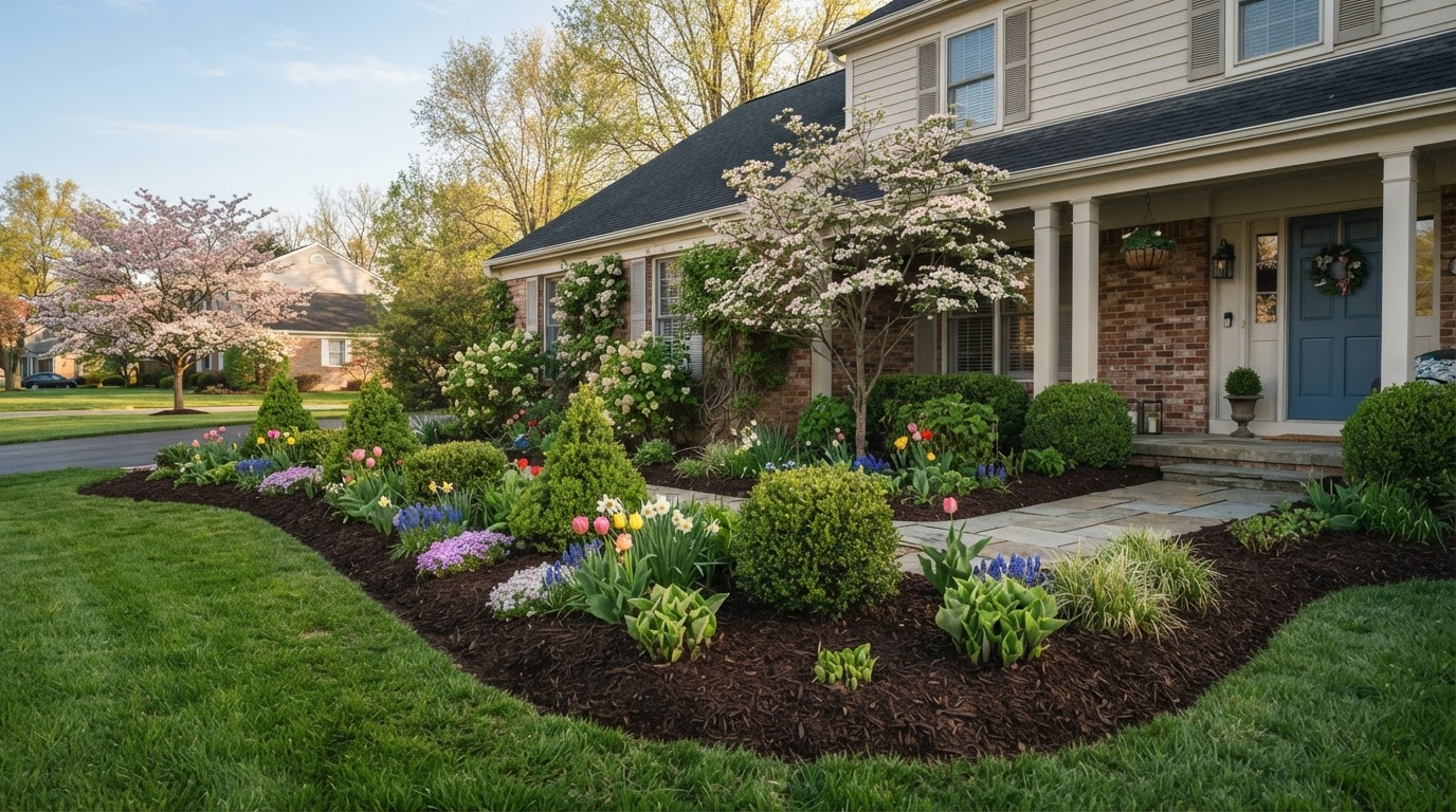 Freshly mulched and trimmed garden beds in early spring in South River, NJ