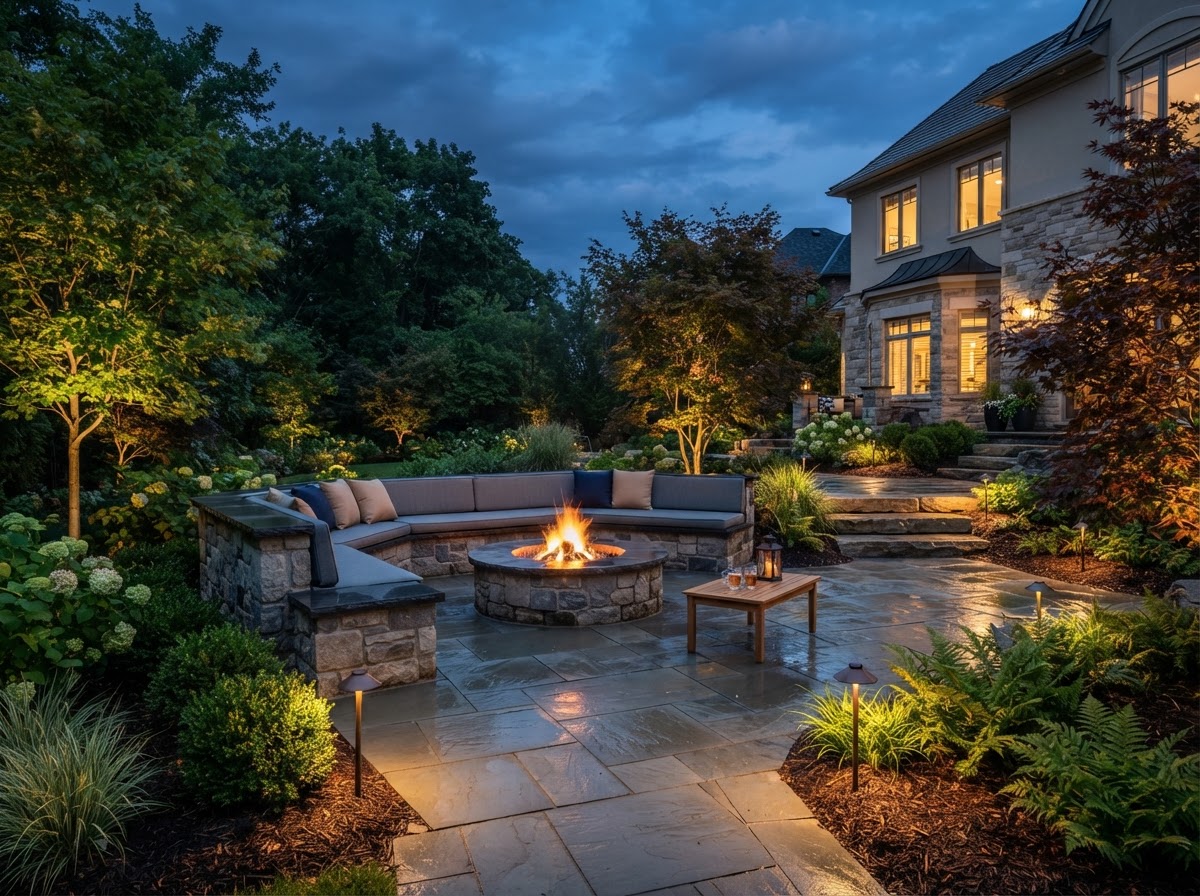 Finished bluestone patio with fire pit at dusk, South River NJ